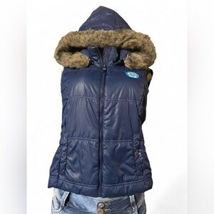 Aeropostale Navy Hooded Vest with Faux Fur Trim